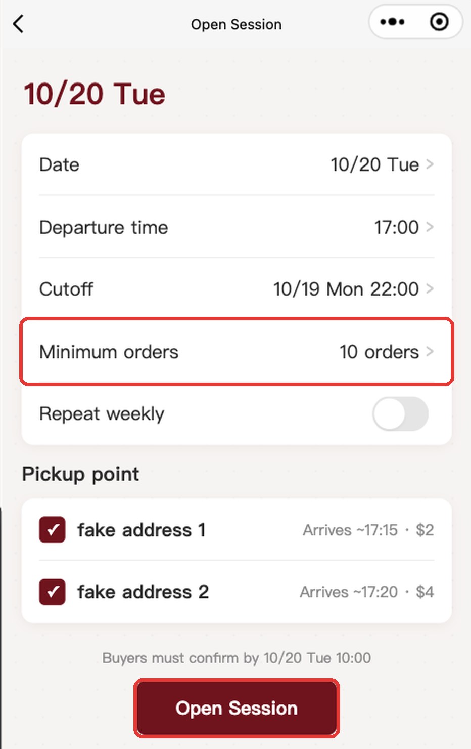 Set the minimum and pickup points